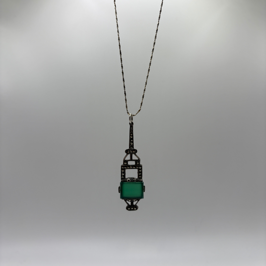 Art Deco 925 Chrysoprase & Marcasite Pendant