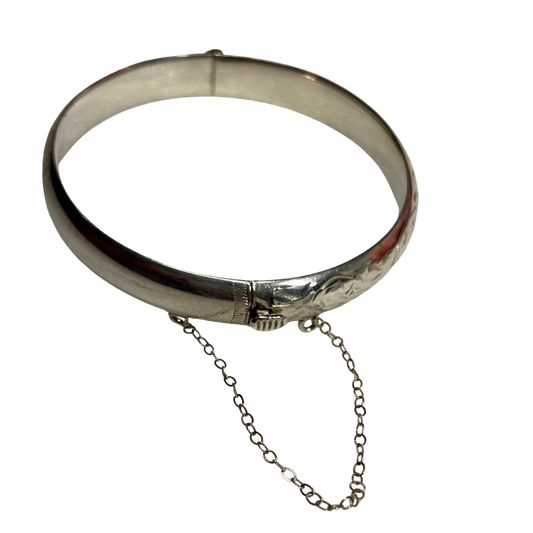925 Engraved Bangle with Safety Chain