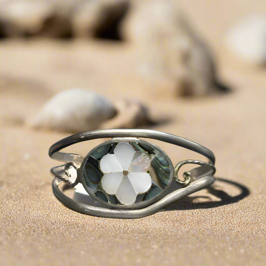 Vintage Mexico Alpaca Abalone Floral Cuff