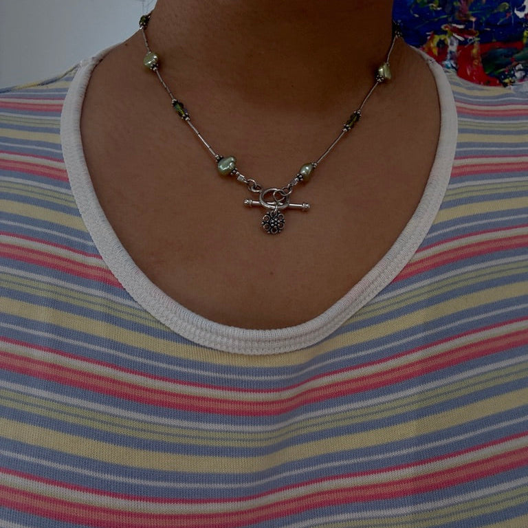 Sterling Green Pearl Station Toggle Clasp Necklace