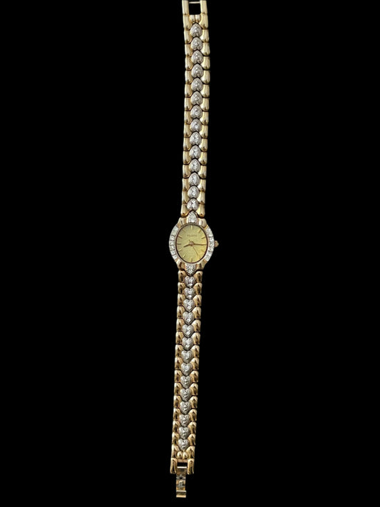Vintage Gold-plated Elgin Watch with Crystal Heart Accents