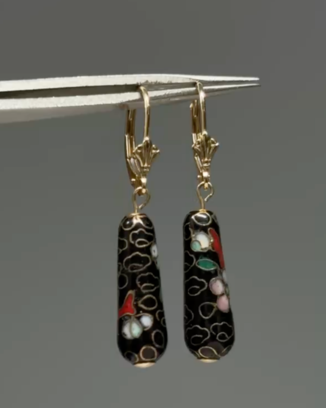 Estate 14KT Cloisonné Gold Gilt Onyx Drop Earrings