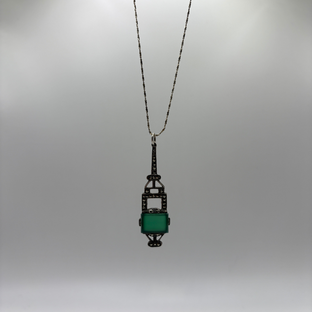Art Deco 925 Chrysoprase & Marcasite Pendant