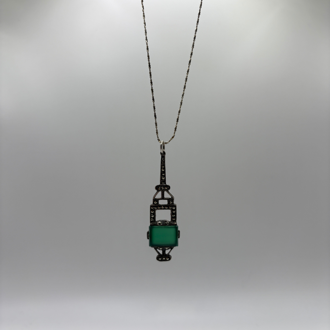 Art Deco 925 Chrysoprase & Marcasite Pendant