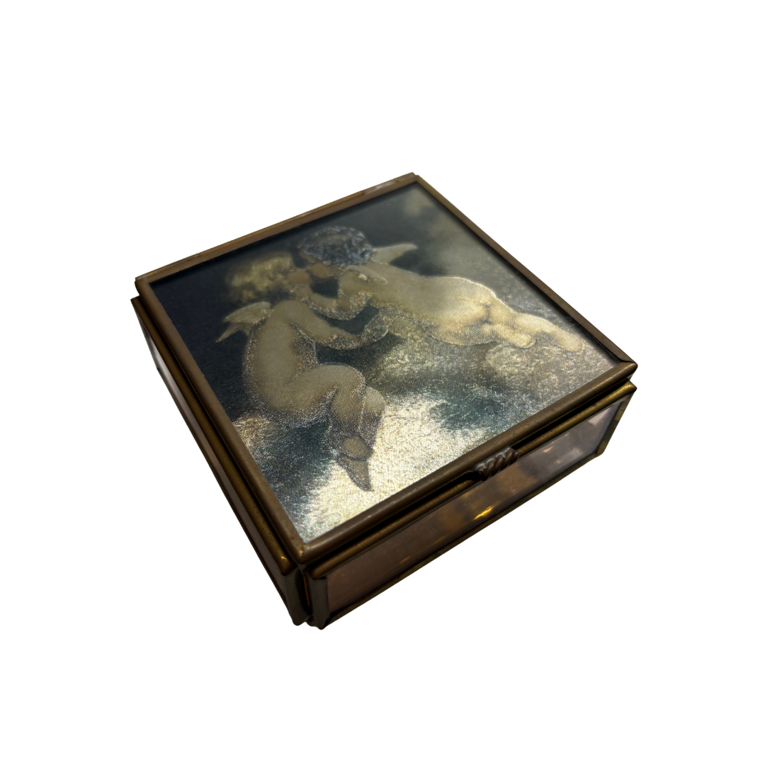 1992 Kissing Angels Brass & Stained Glass Trinket Box