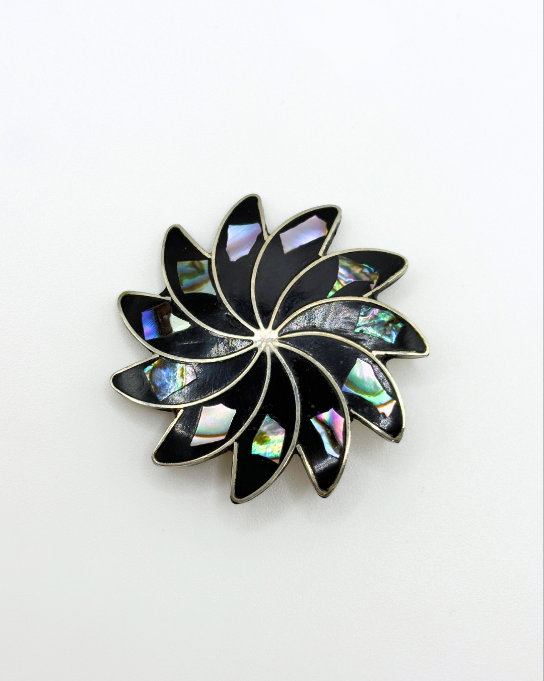 Mexico Onyx & Abalone Silver Brooch