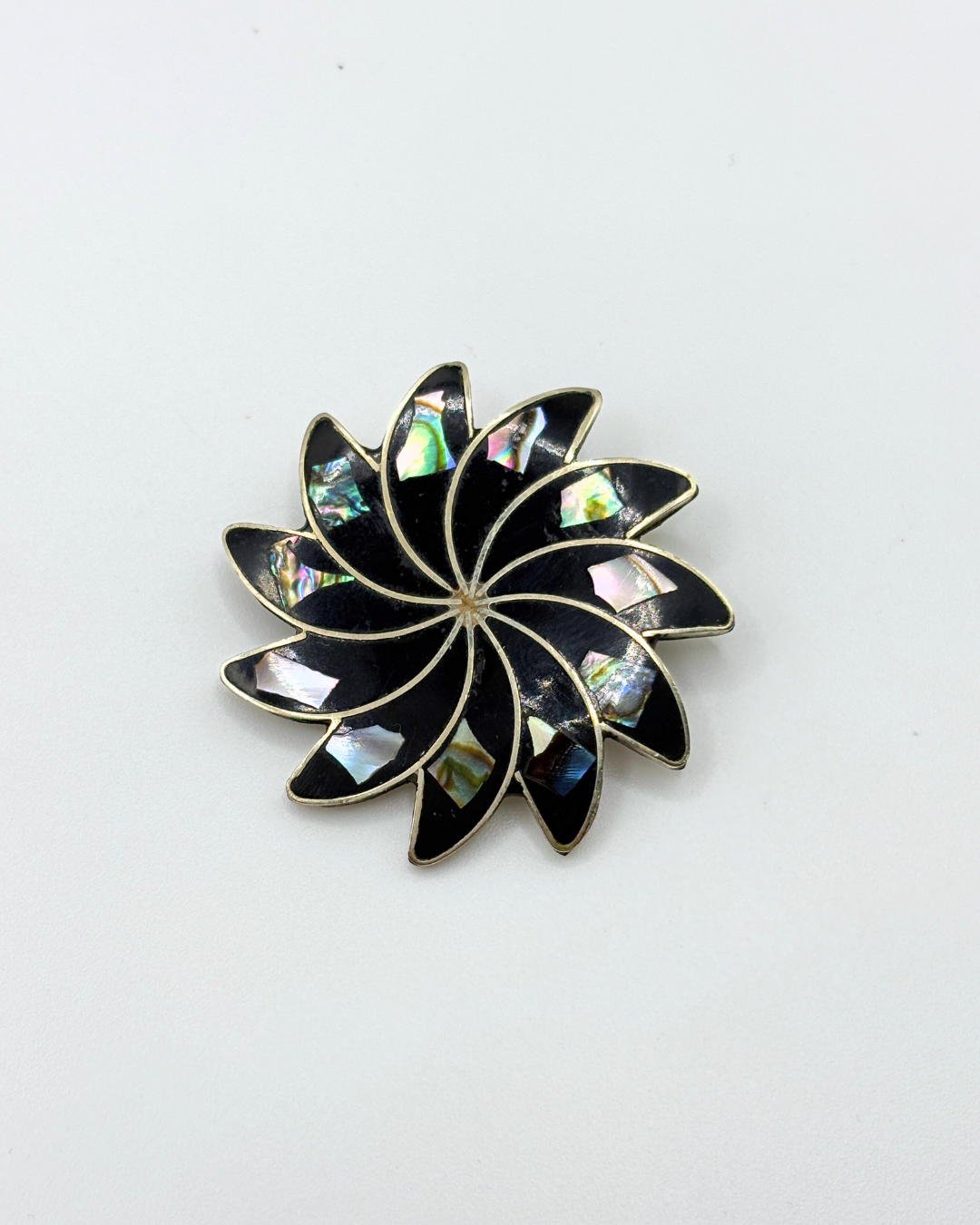 Mexico Onyx & Abalone Silver Brooch