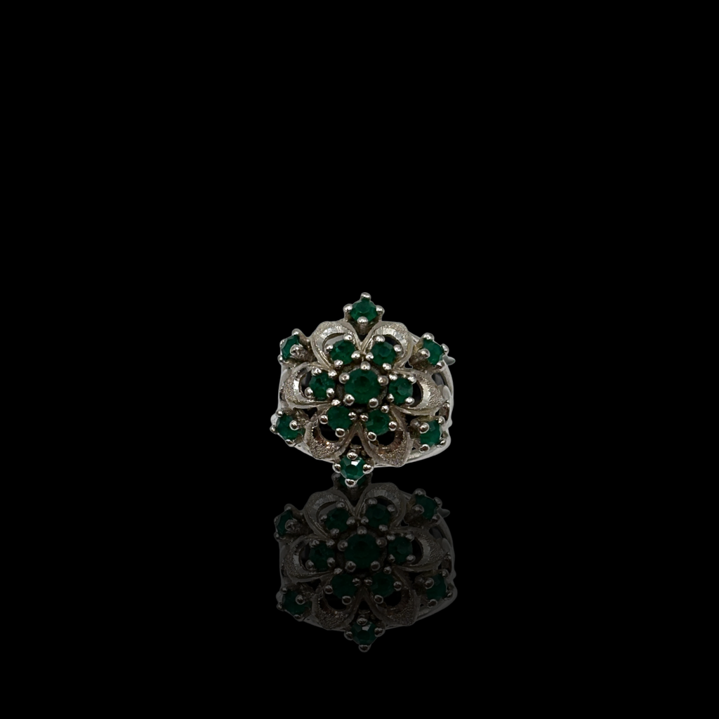Bague cocktail émeraude florale en argent sterling