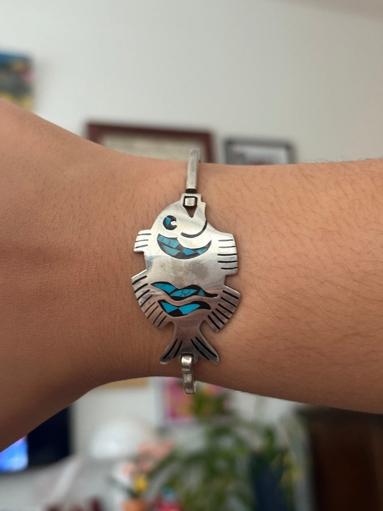 Taxco Silver Inlaid Turquoise Bracelet Cuff