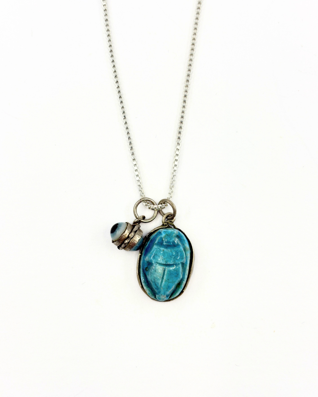 Sterling Silver Enamel Eye & Turquoise Scarab Necklace