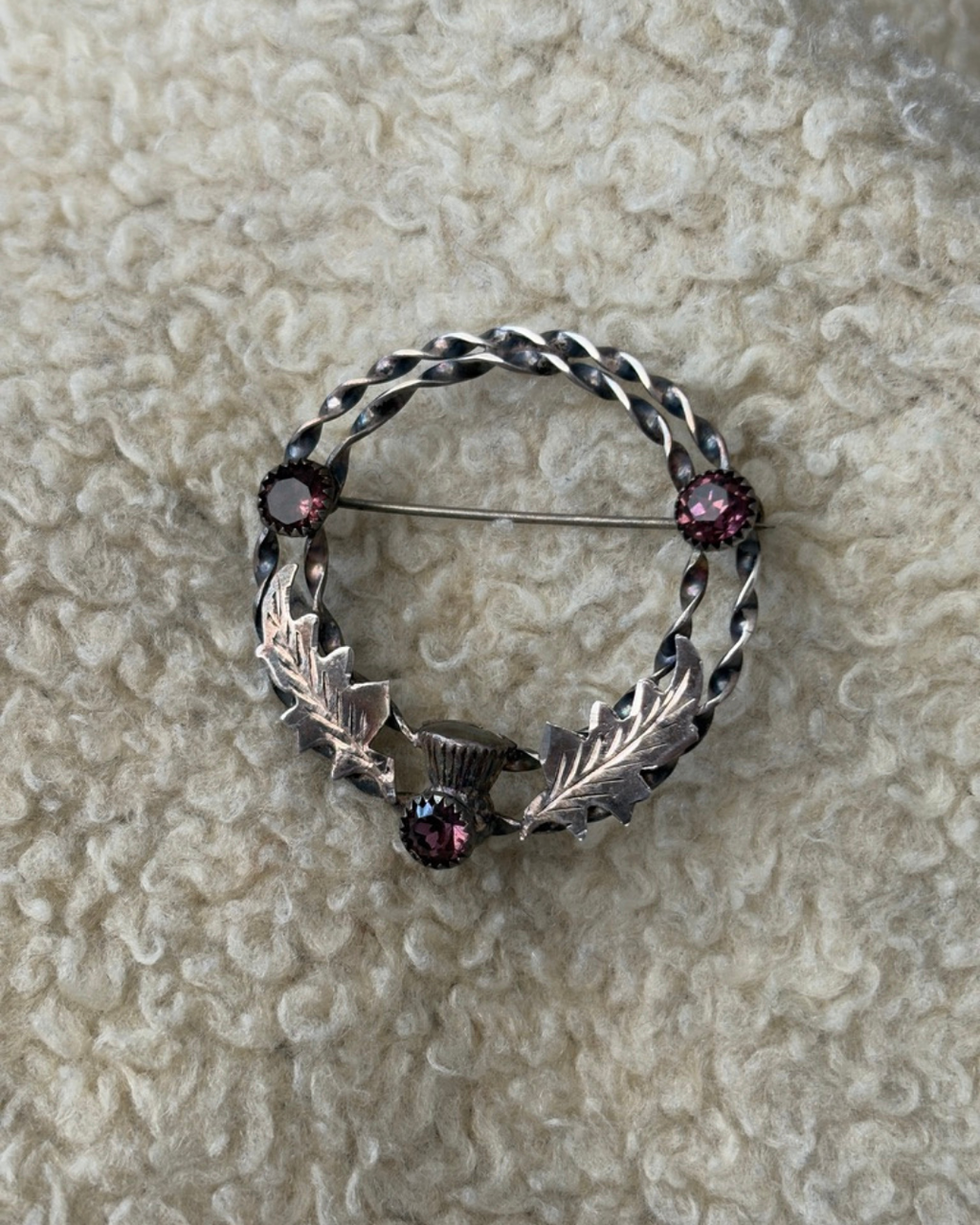 Scottish Sterling Silver Amethyst Glass Mizpah Brooch