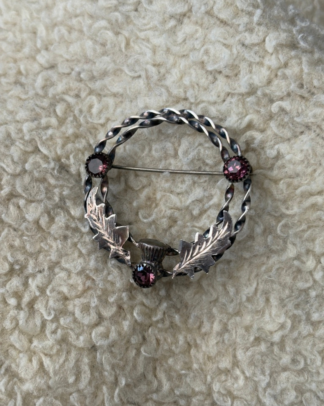 Scottish Sterling Silver Amethyst Glass Mizpah Brooch