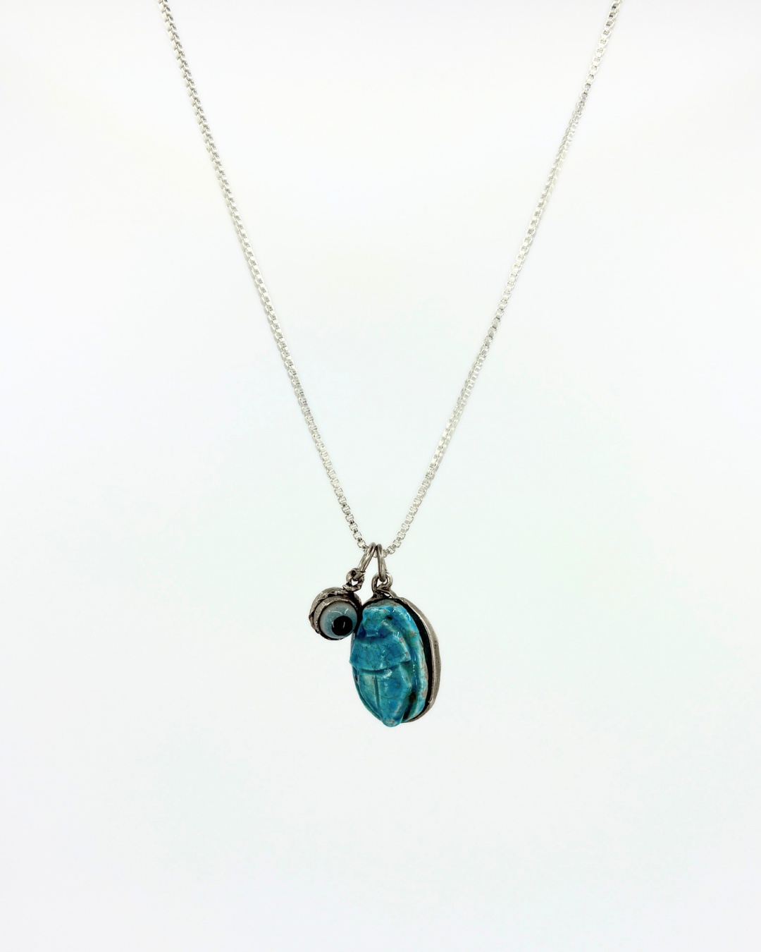 Sterling Silver Enamel Eye & Turquoise Scarab Necklace