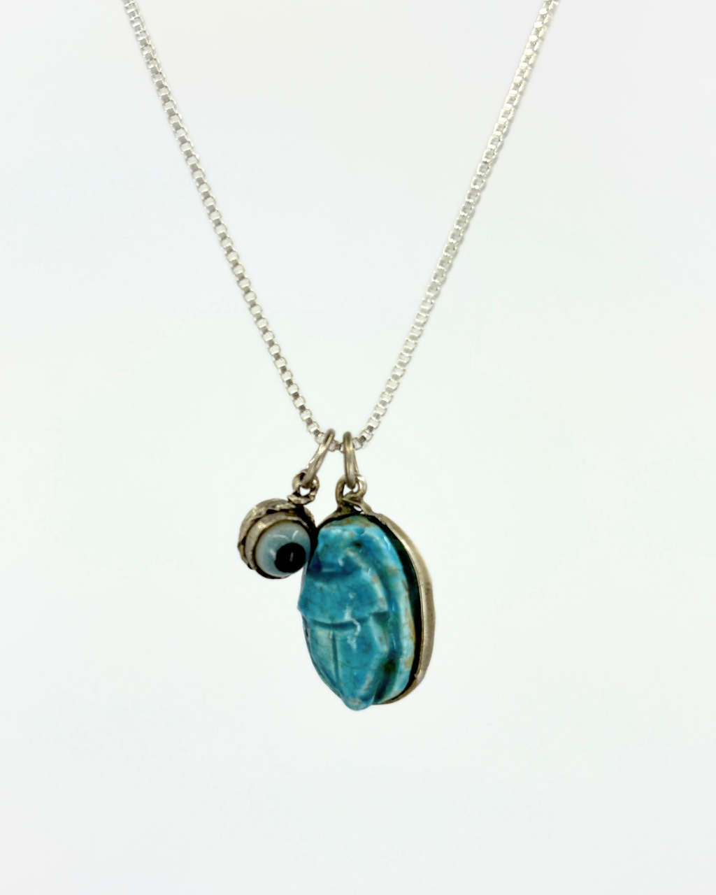 Sterling Silver Enamel Eye & Turquoise Scarab Necklace