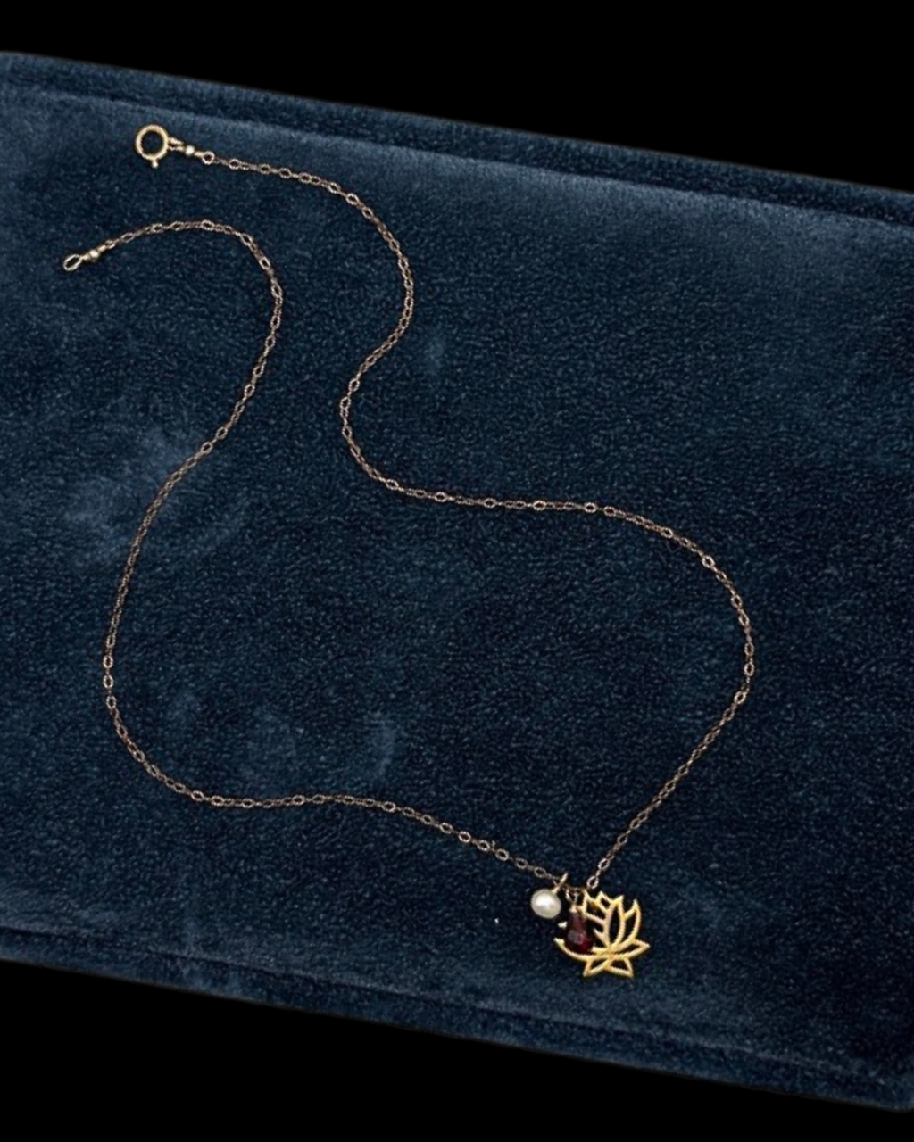 Gold Filled Lotus, Pearl, and Garnet Briolette Necklace
