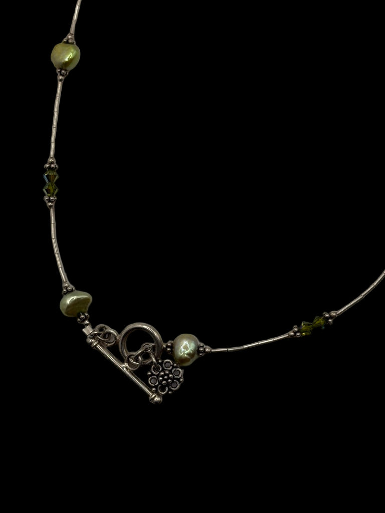 Sterling Green Pearl Station Toggle Clasp Necklace