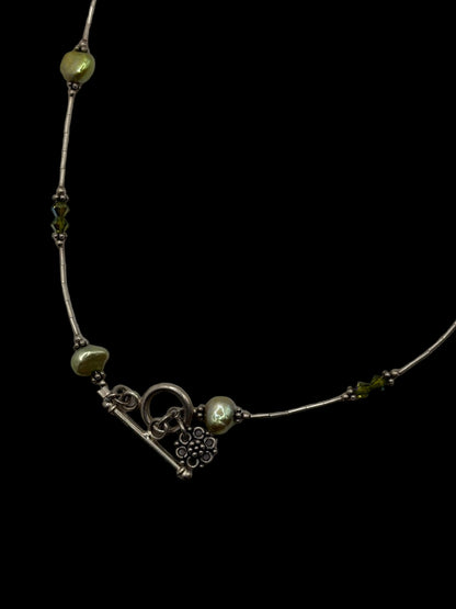 Sterling Green Pearl Station Toggle Clasp Necklace