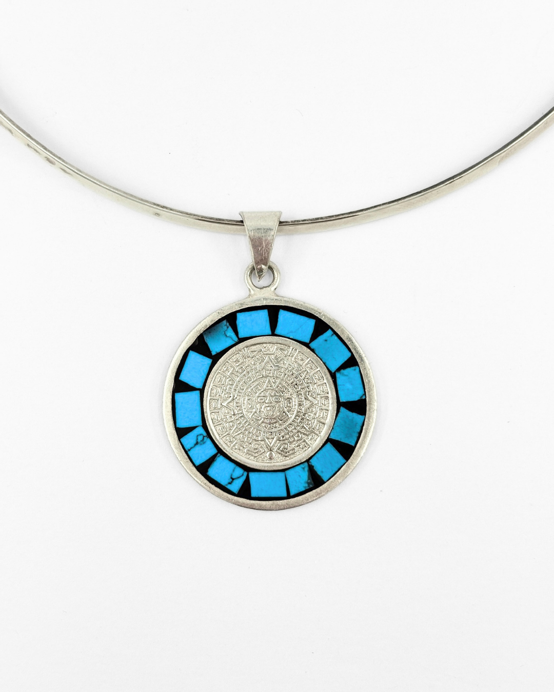 Sterling Silver & Turquoise Aztec Calendar Pendant