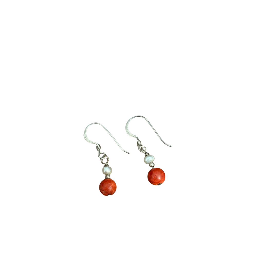 925 Pearl & Coral Dangling Earrings