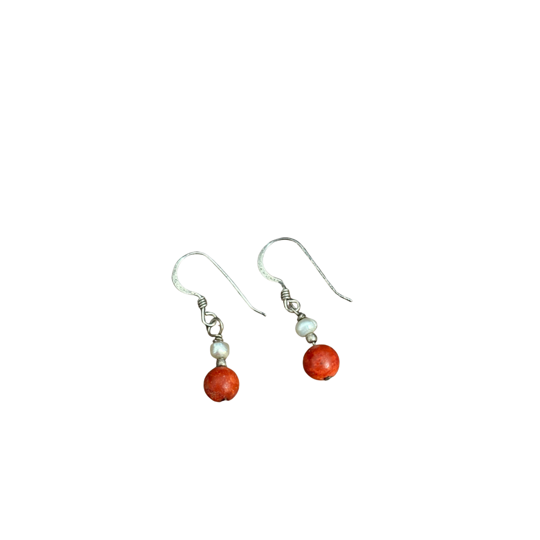 925 Pearl & Coral Dangling Earrings