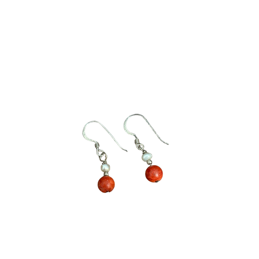 925 Pearl & Coral Dangling Earrings