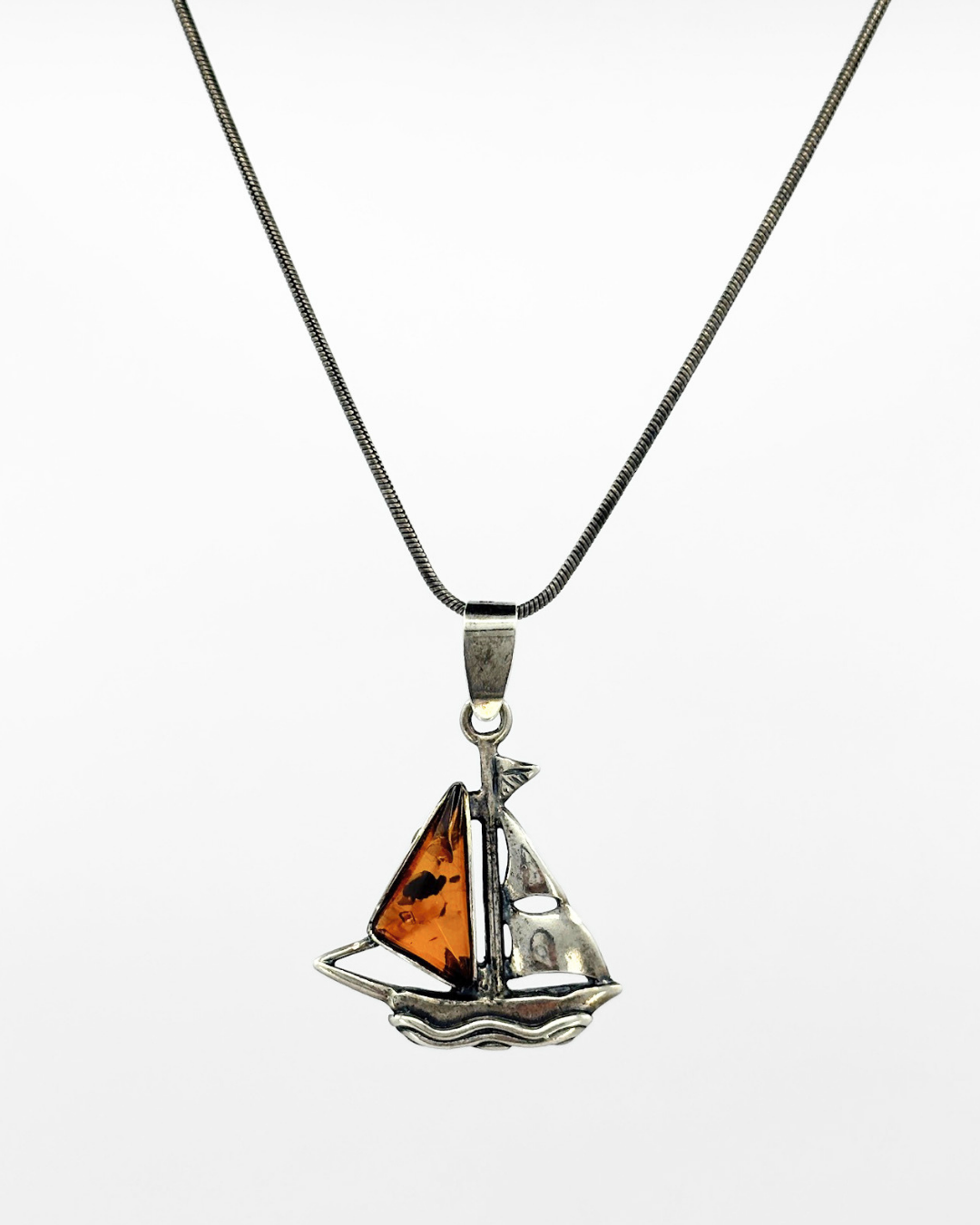 Oxidized Sterling Silver & Polish Honey Amber Sailboat Necklace