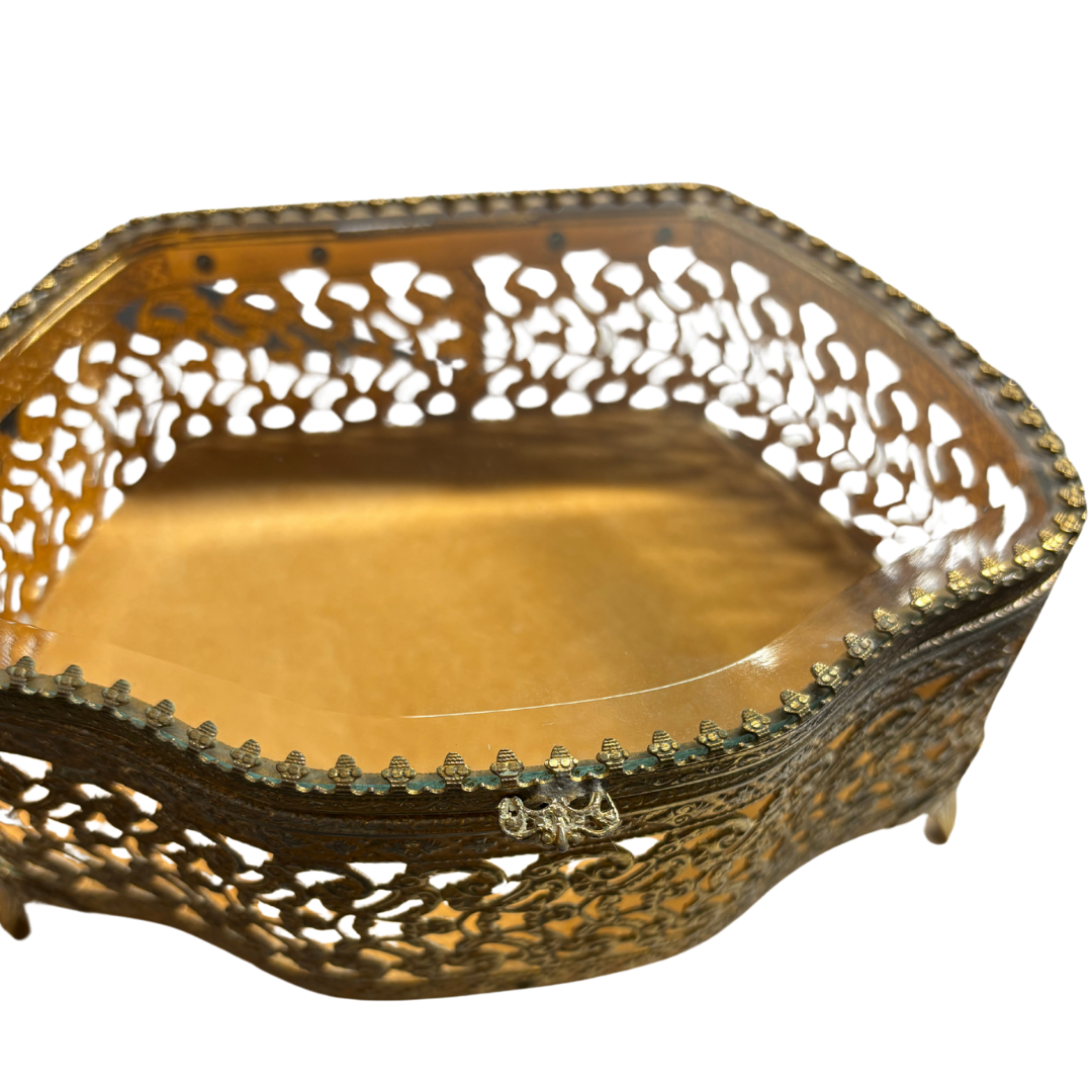 1960s Gold Tone Filigree Jewelry Box