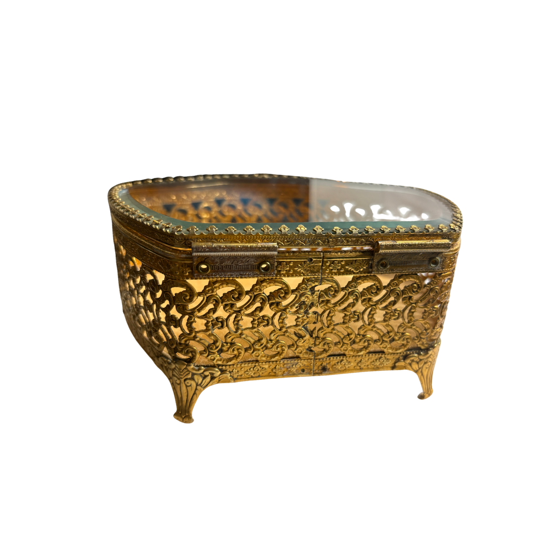 1960s Gold Tone Filigree Jewelry Box