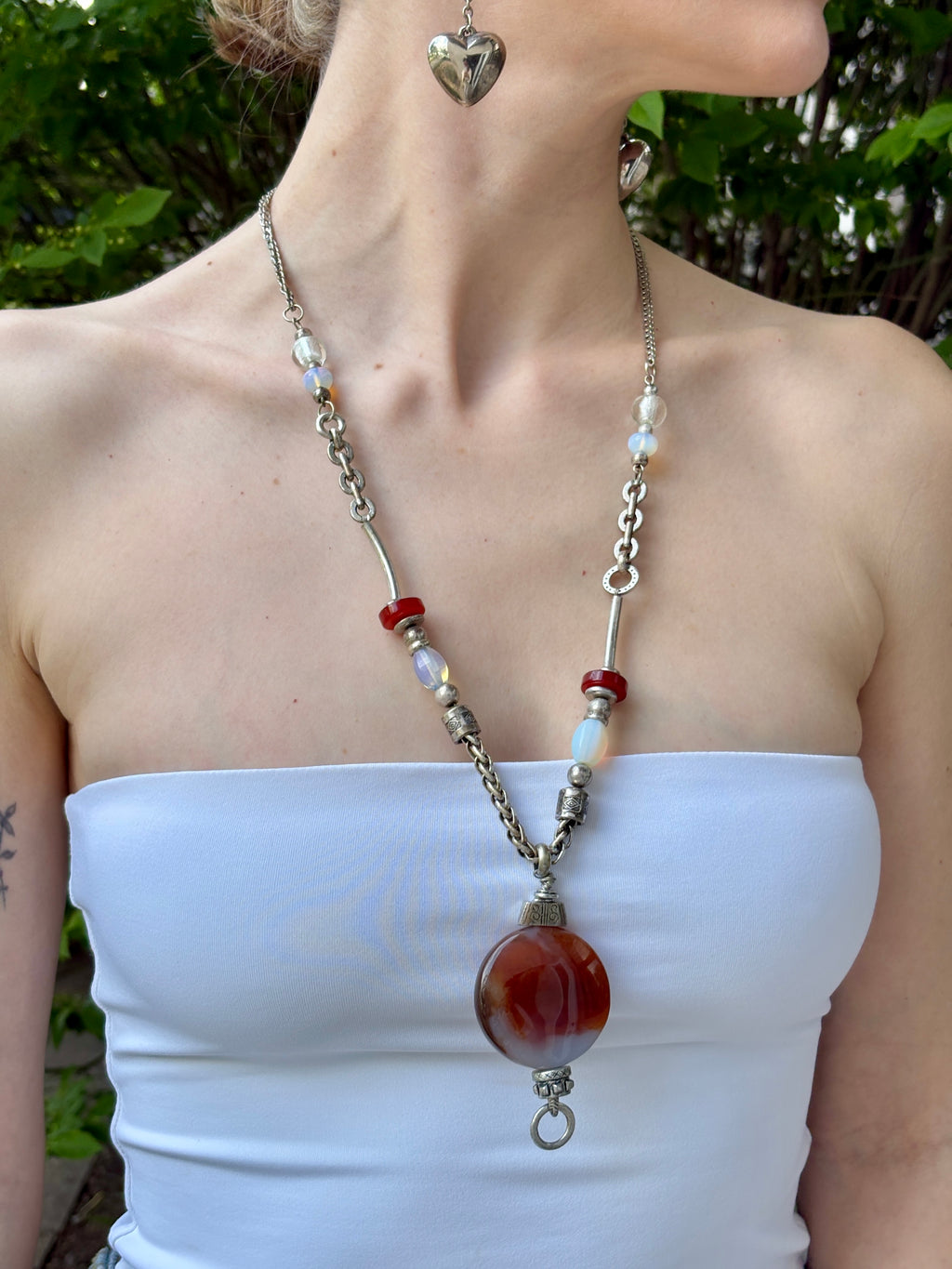 Silvertone Mixed Orange & Red Glass Statement Necklace