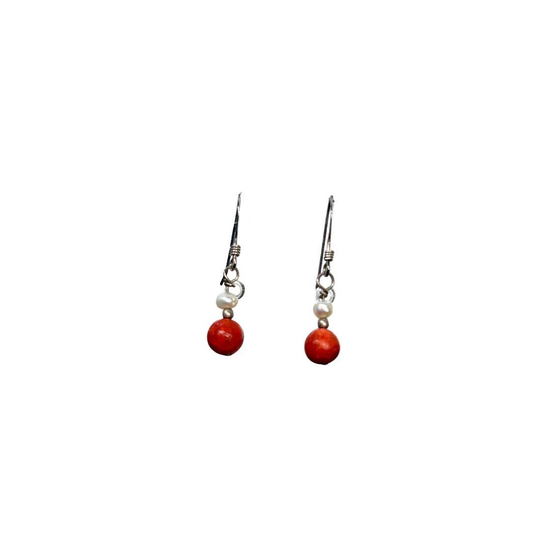 925 Pearl & Coral Dangling Earrings