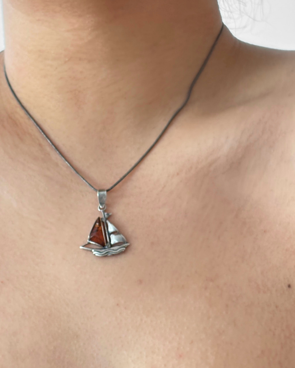Oxidized Sterling Silver & Polish Honey Amber Sailboat Necklace