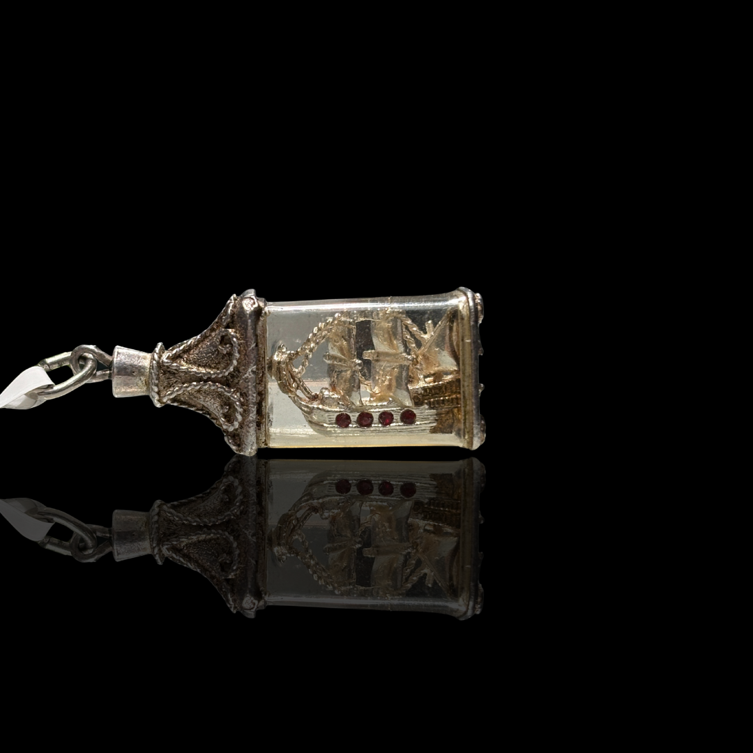 Art Nouveau Sterling Silver Ruby Ship in a Bottle