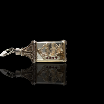 Art Nouveau Sterling Silver Ruby Ship in a Bottle