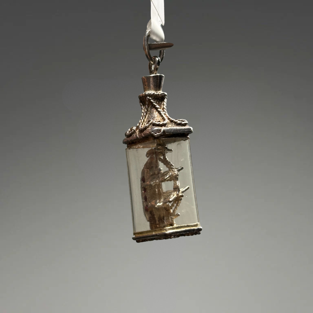 Art Nouveau Sterling Silver Ruby Ship in a Bottle