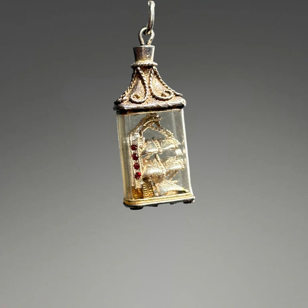 Art Nouveau Sterling Silver Ruby Ship in a Bottle