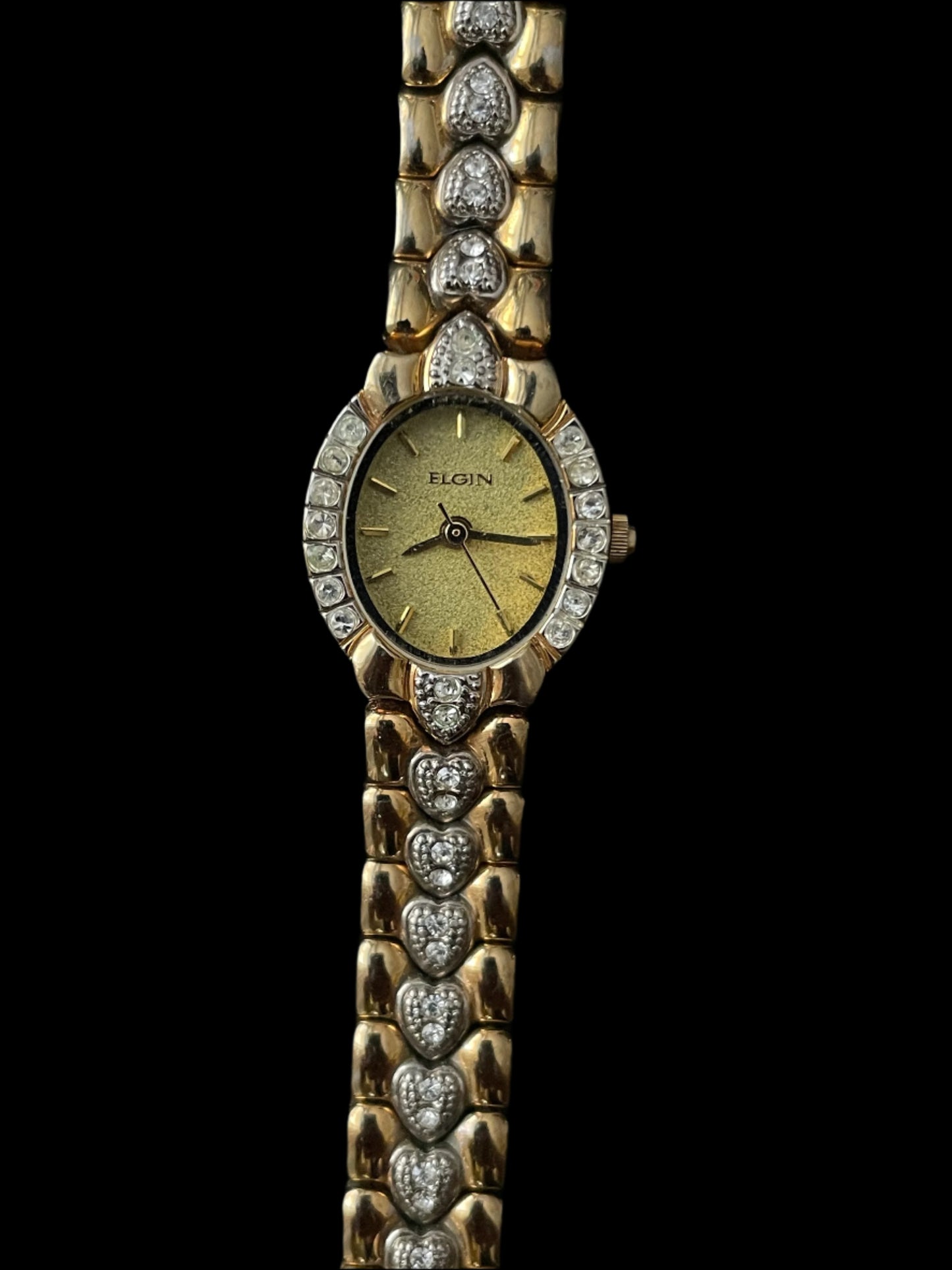 Vintage Gold-plated Elgin Watch with Crystal Heart Accents