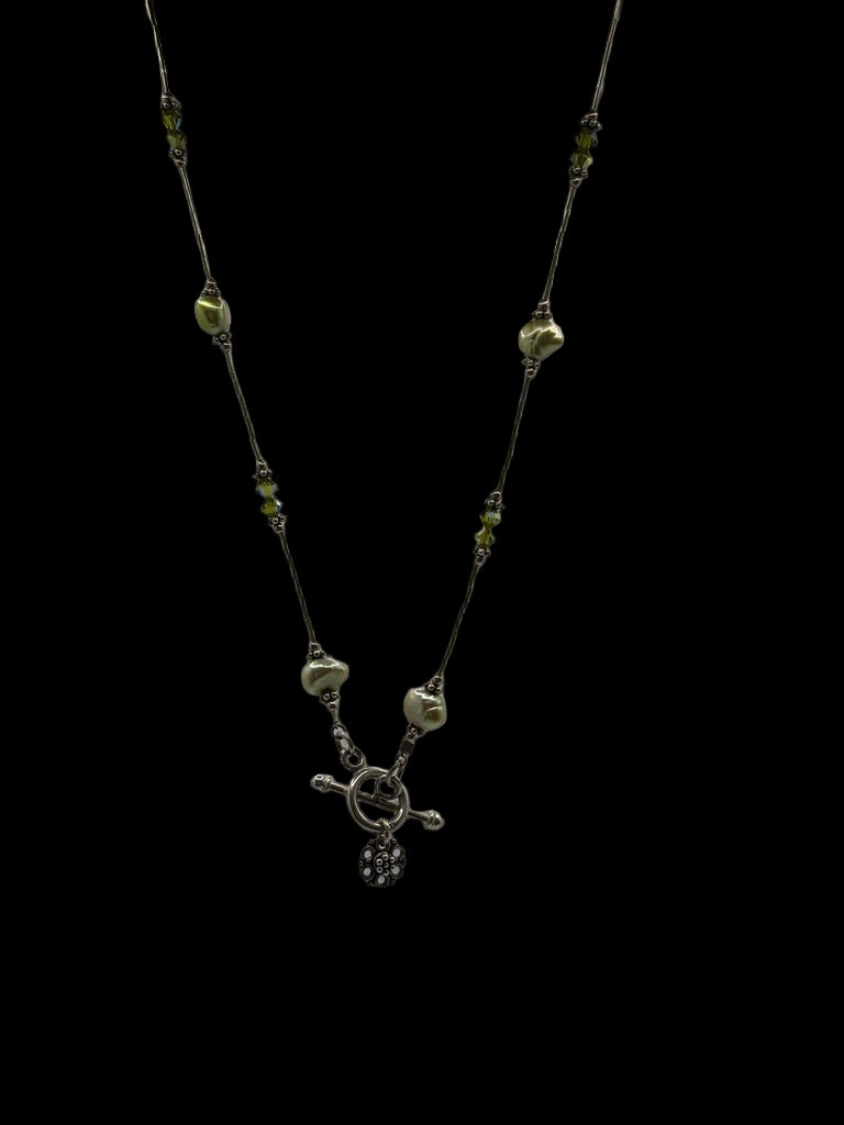 Sterling Green Pearl Station Toggle Clasp Necklace