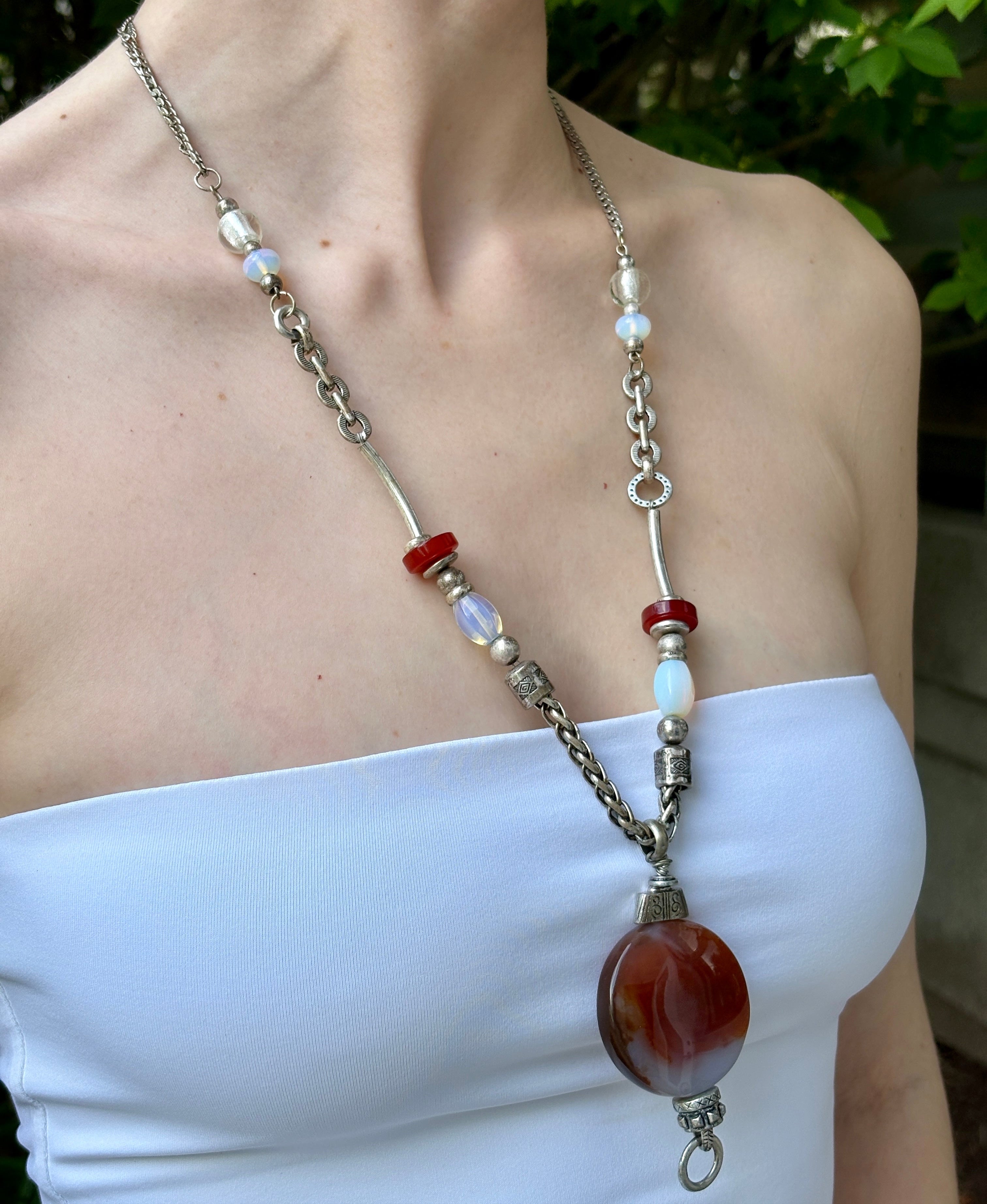Silvertone Mixed Orange & Red Glass Statement Necklace