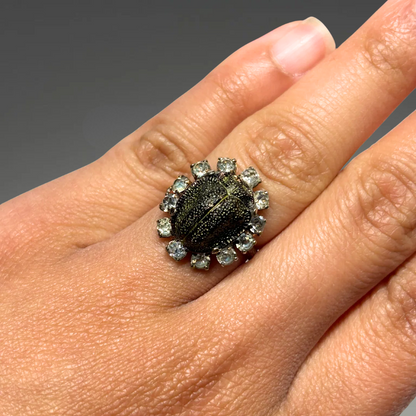 Scarab with White Rhinestone Statement Ring