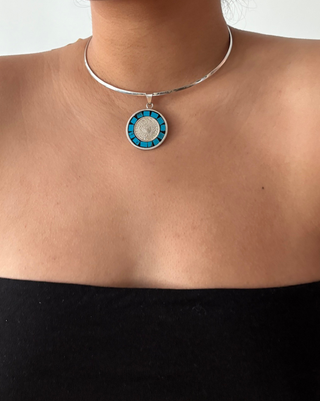 Sterling Silver & Turquoise Aztec Calendar Pendant