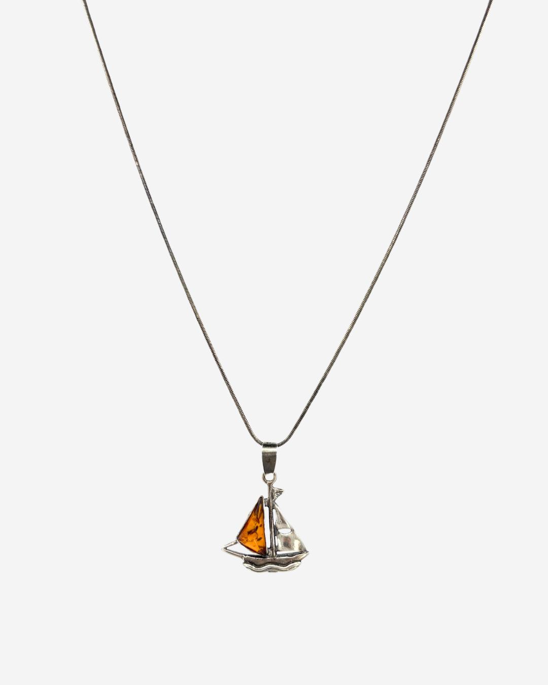 Oxidized Sterling Silver & Polish Honey Amber Sailboat Necklace