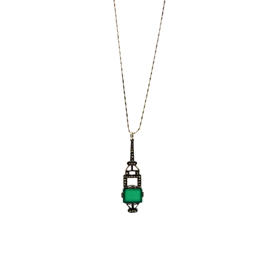 Art Deco 925 Chrysoprase & Marcasite Pendant