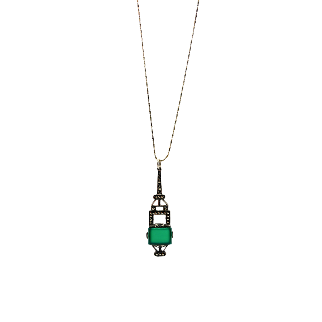 Art Deco 925 Chrysoprase & Marcasite Pendant