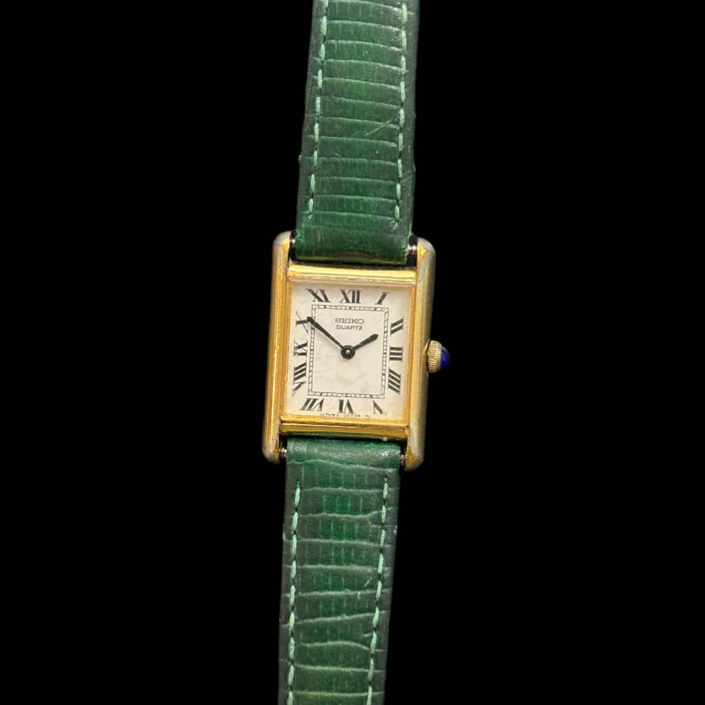 Seiko Tank Green Leather Blue Cabachon