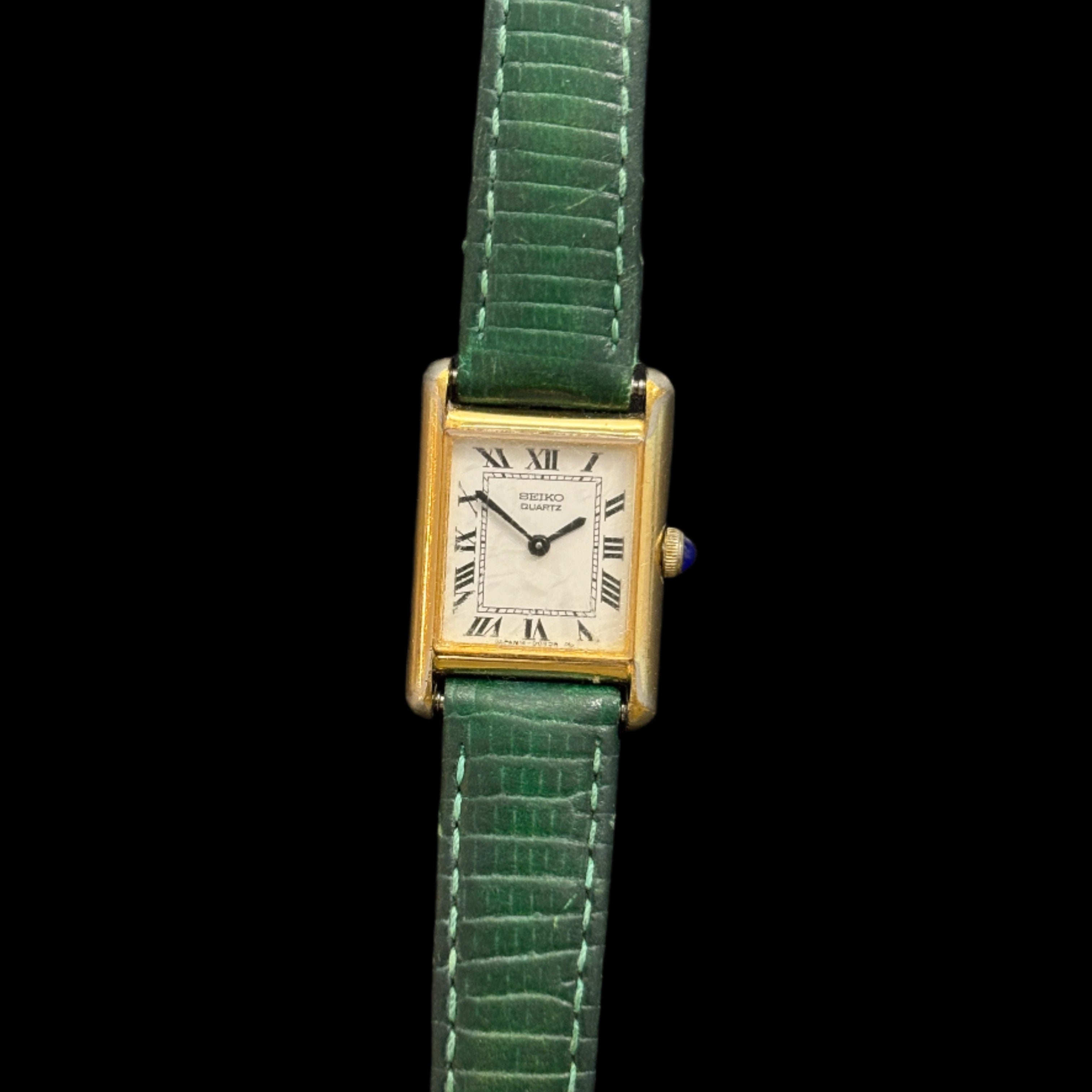 Seiko Tank Green Leather Blue Cabachon