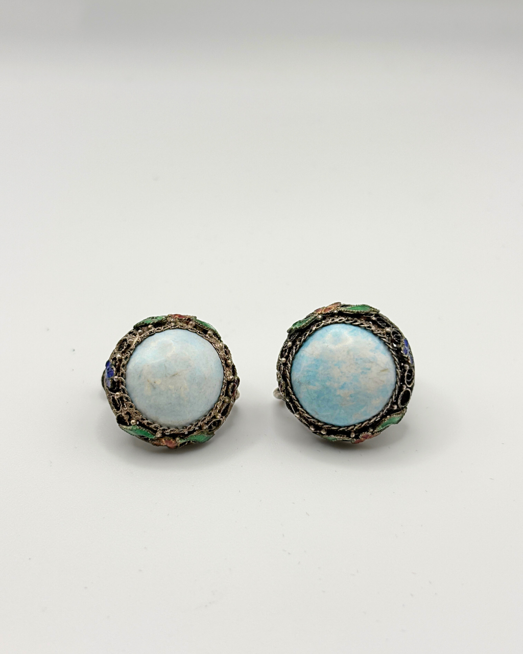 Antique Larimar Filigree & Enamel Screwback Earrings
