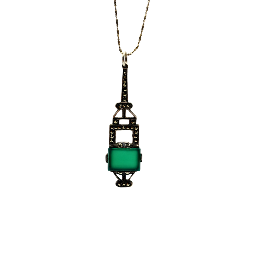 Art Deco 925 Chrysoprase & Marcasite Pendant
