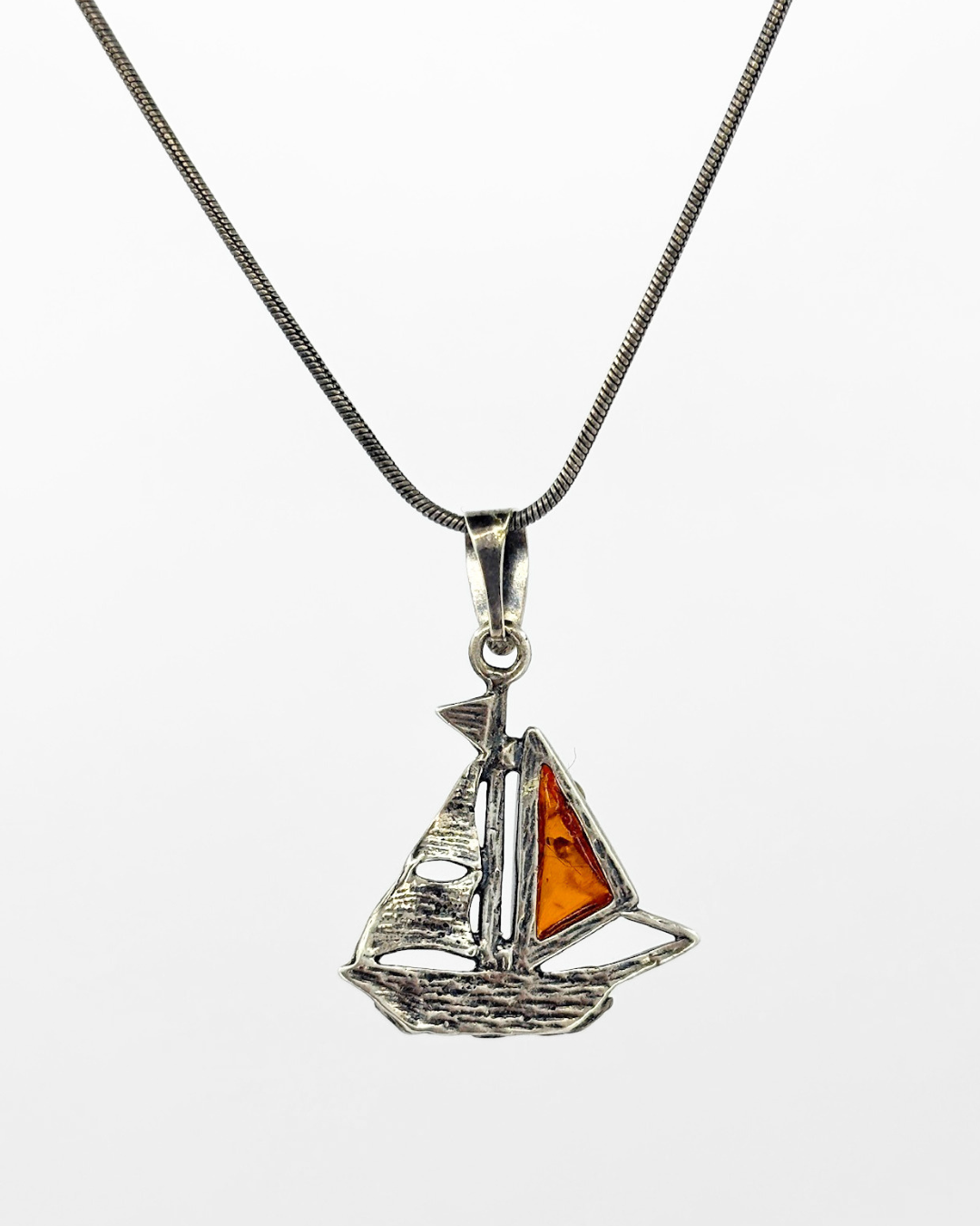 Oxidized Sterling Silver & Polish Honey Amber Sailboat Necklace