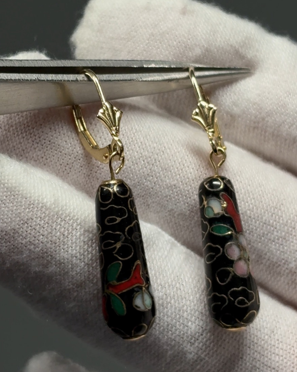 Estate 14KT Cloisonné Gold Gilt Onyx Drop Earrings