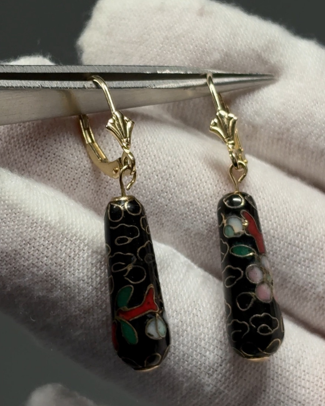 Estate 14KT Cloisonné Gold Gilt Onyx Drop Earrings